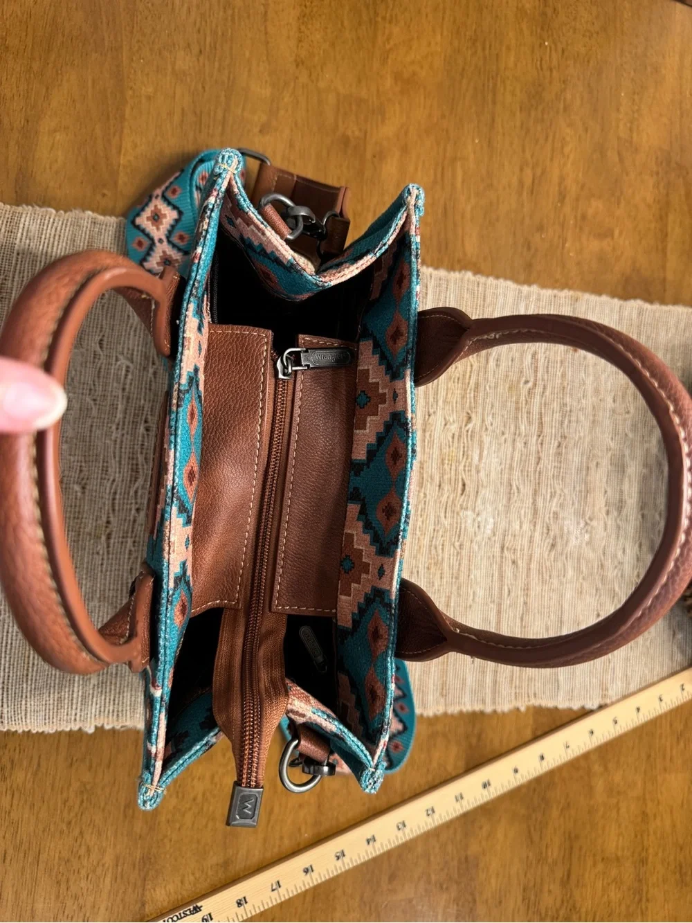 Wrangler Turquoise Aztec Canvas Satchel Crossbody Western Bag
